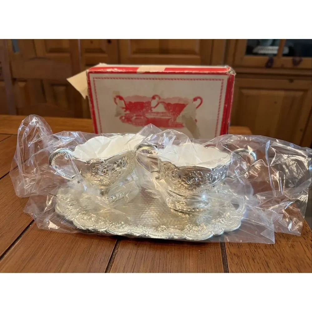 NEW OS Vintage Leonard Silver Plated Floral Sugar/Creamer 2.5” Tray Is 8” Japan